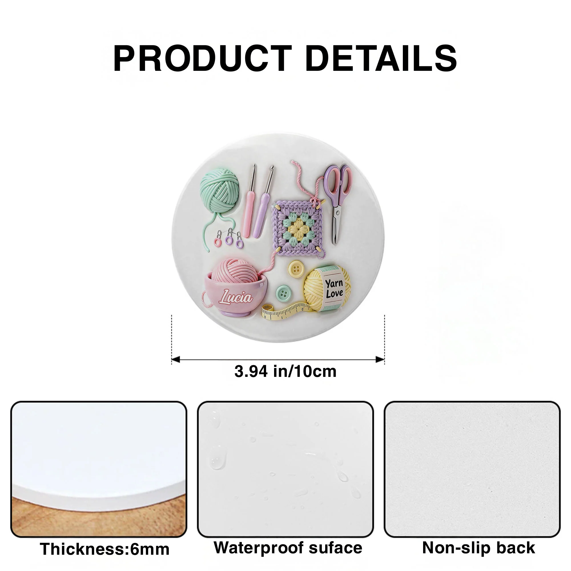 Yarn Love Crochet And Knitting Tools With Yarn Balls - Personalized Custom Ceramic Coaster - HOB007_ROCO - Image 7