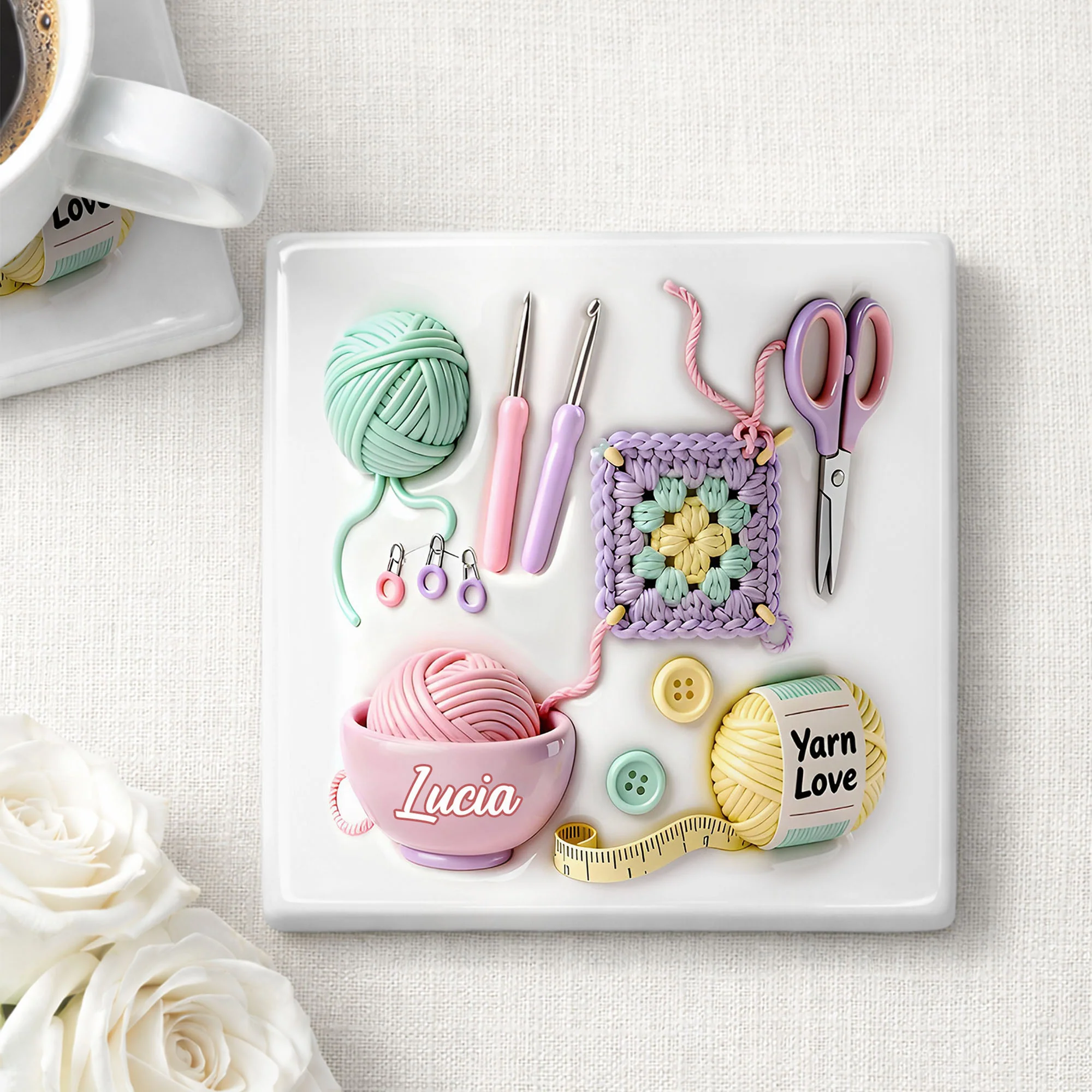 Yarn Love Personalization With Crochet Hooks And Yarn Balls Design - Personalized Custom Ceramic Coaster, Square Shape - HOB007_SOCO