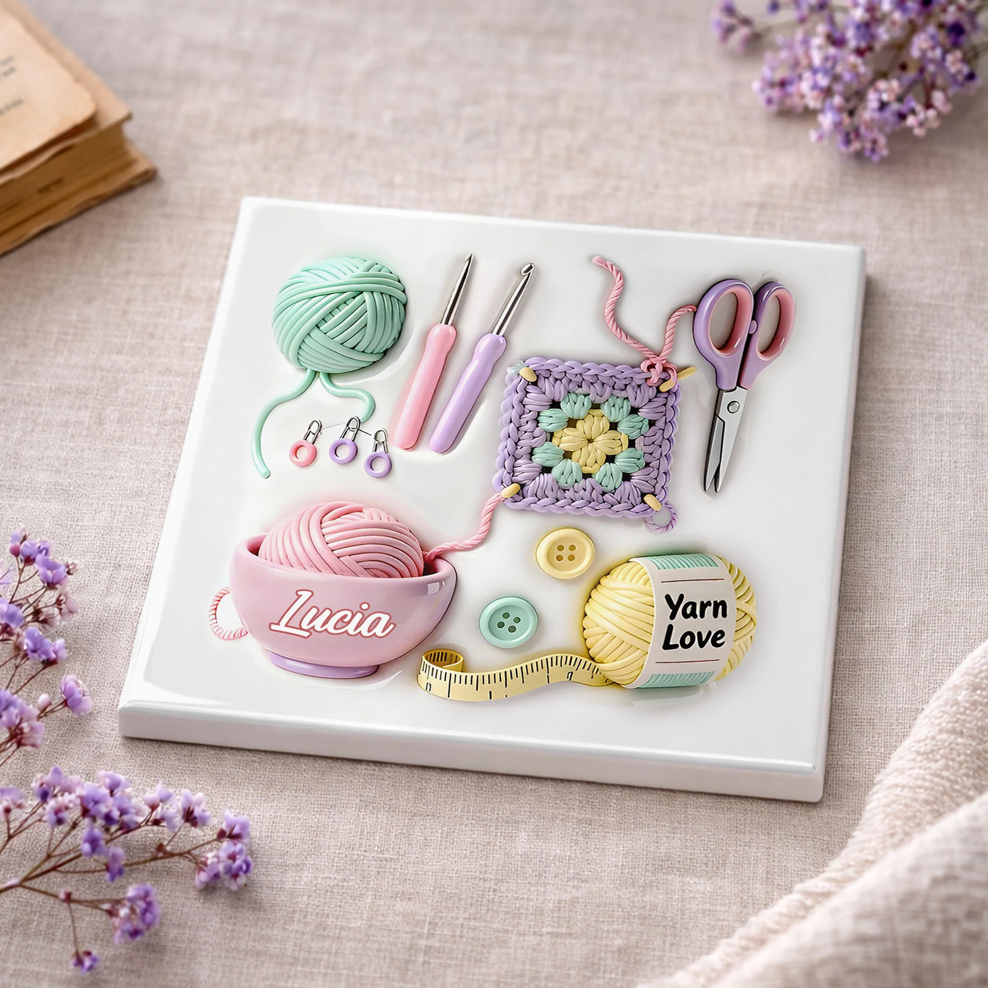 Yarn Love Personalization With Crochet Hooks And Yarn Balls Design - Personalized Custom Ceramic Coaster, Square Shape - HOB007_SOCO - Image 10