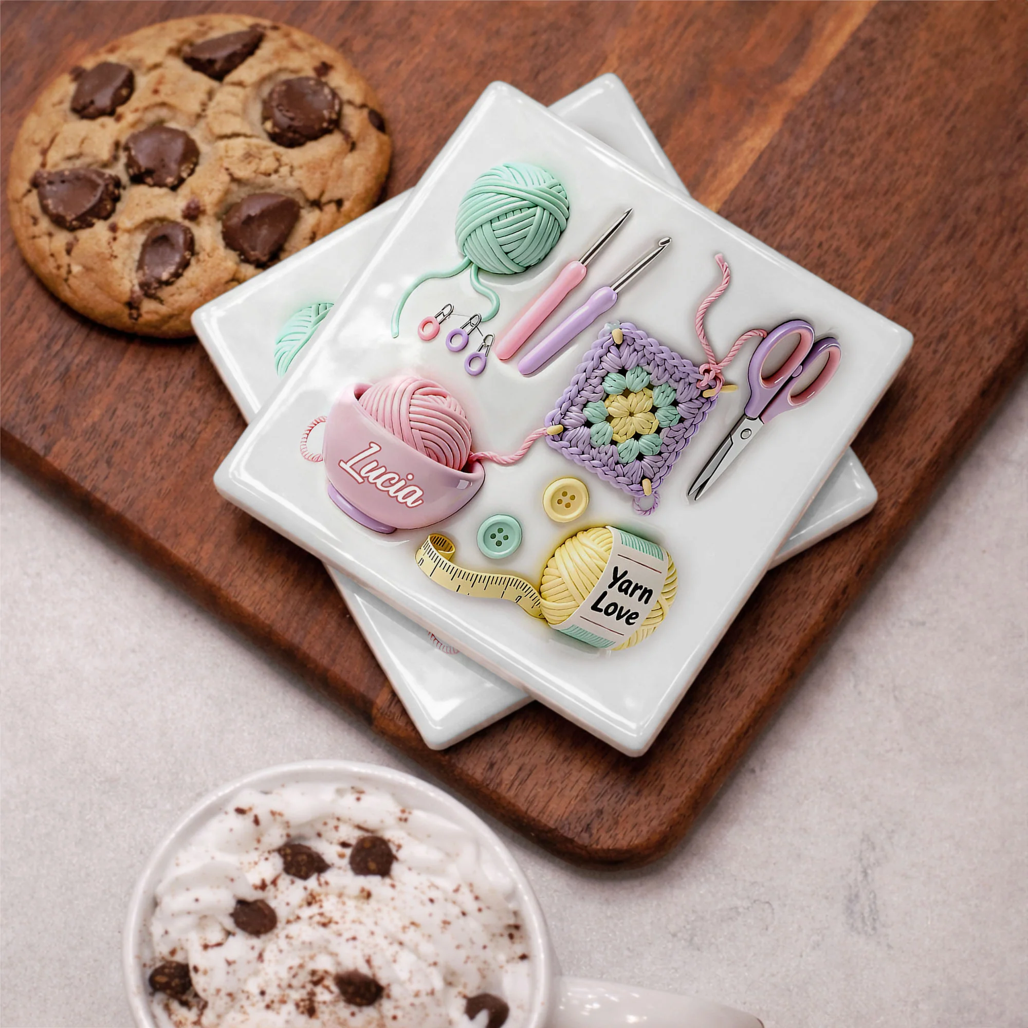 Yarn Love Personalization With Crochet Hooks And Yarn Balls Design - Personalized Custom Ceramic Coaster, Square Shape - HOB007_SOCO - Image 11
