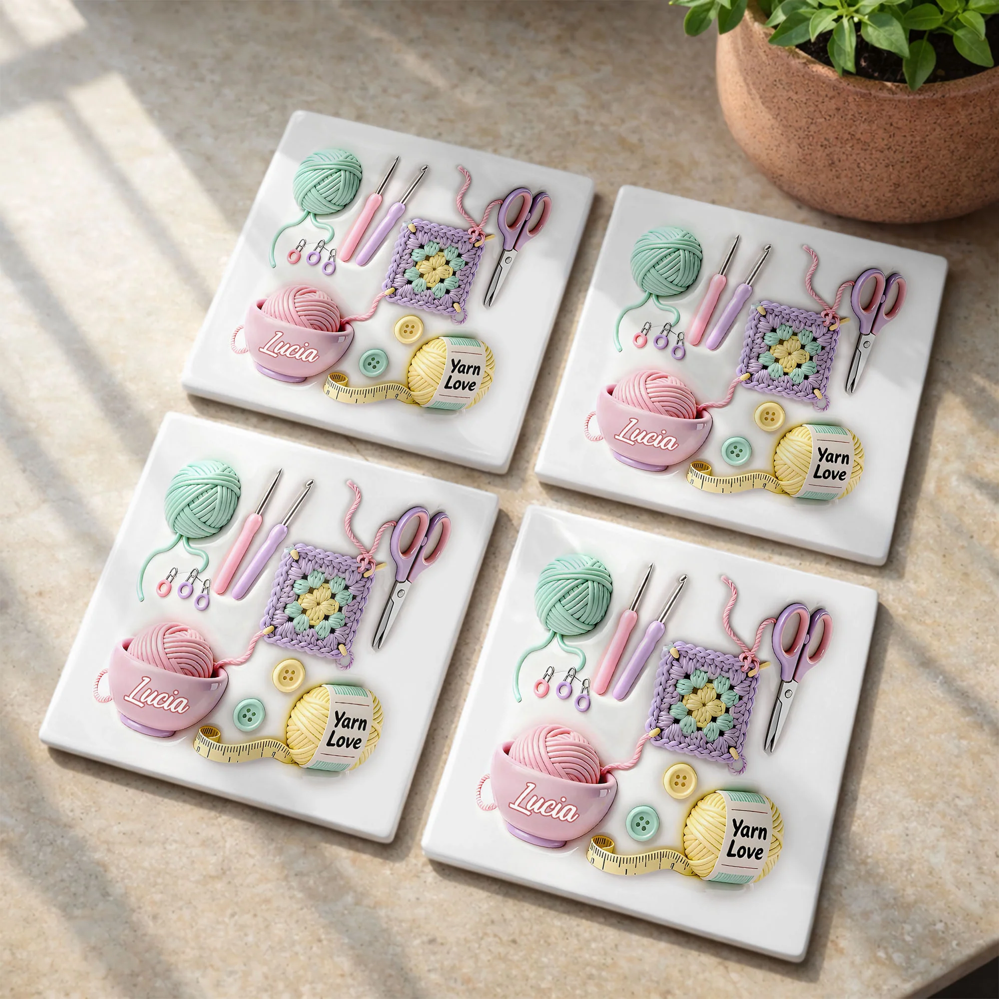 Yarn Love Personalization With Crochet Hooks And Yarn Balls Design - Personalized Custom Ceramic Coaster, Square Shape - HOB007_SOCO - Image 12