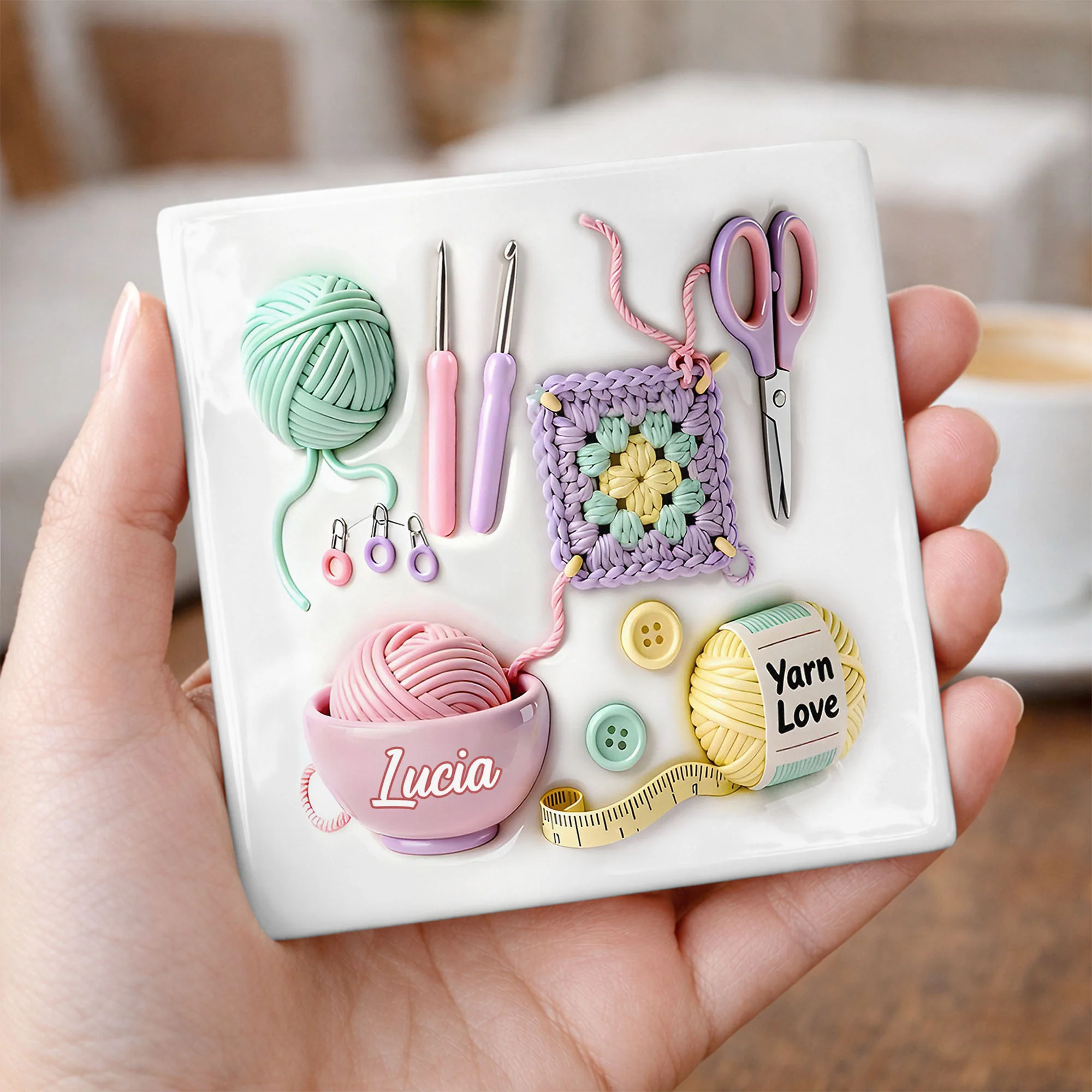 Yarn Love Personalization With Crochet Hooks And Yarn Balls Design - Personalized Custom Ceramic Coaster, Square Shape - HOB007_SOCO - Image 2