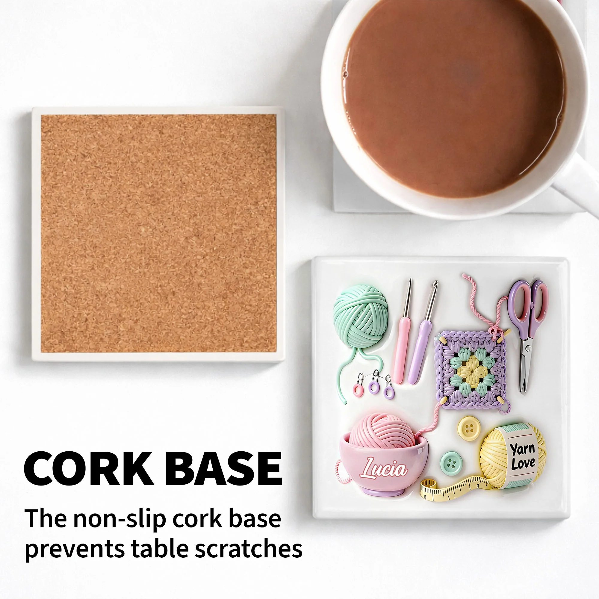 Yarn Love Personalization With Crochet Hooks And Yarn Balls Design - Personalized Custom Ceramic Coaster, Square Shape - HOB007_SOCO - Image 6