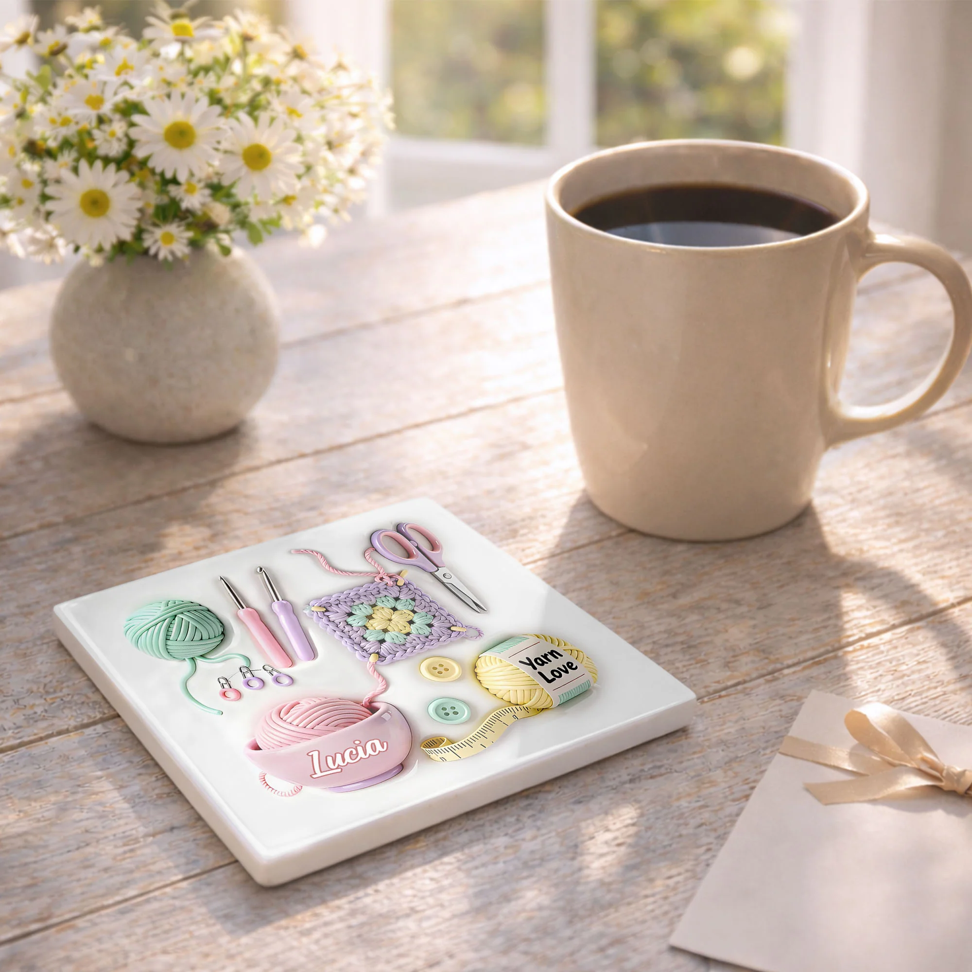 Yarn Love Personalization With Crochet Hooks And Yarn Balls Design - Personalized Custom Ceramic Coaster, Square Shape - HOB007_SOCO - Image 8