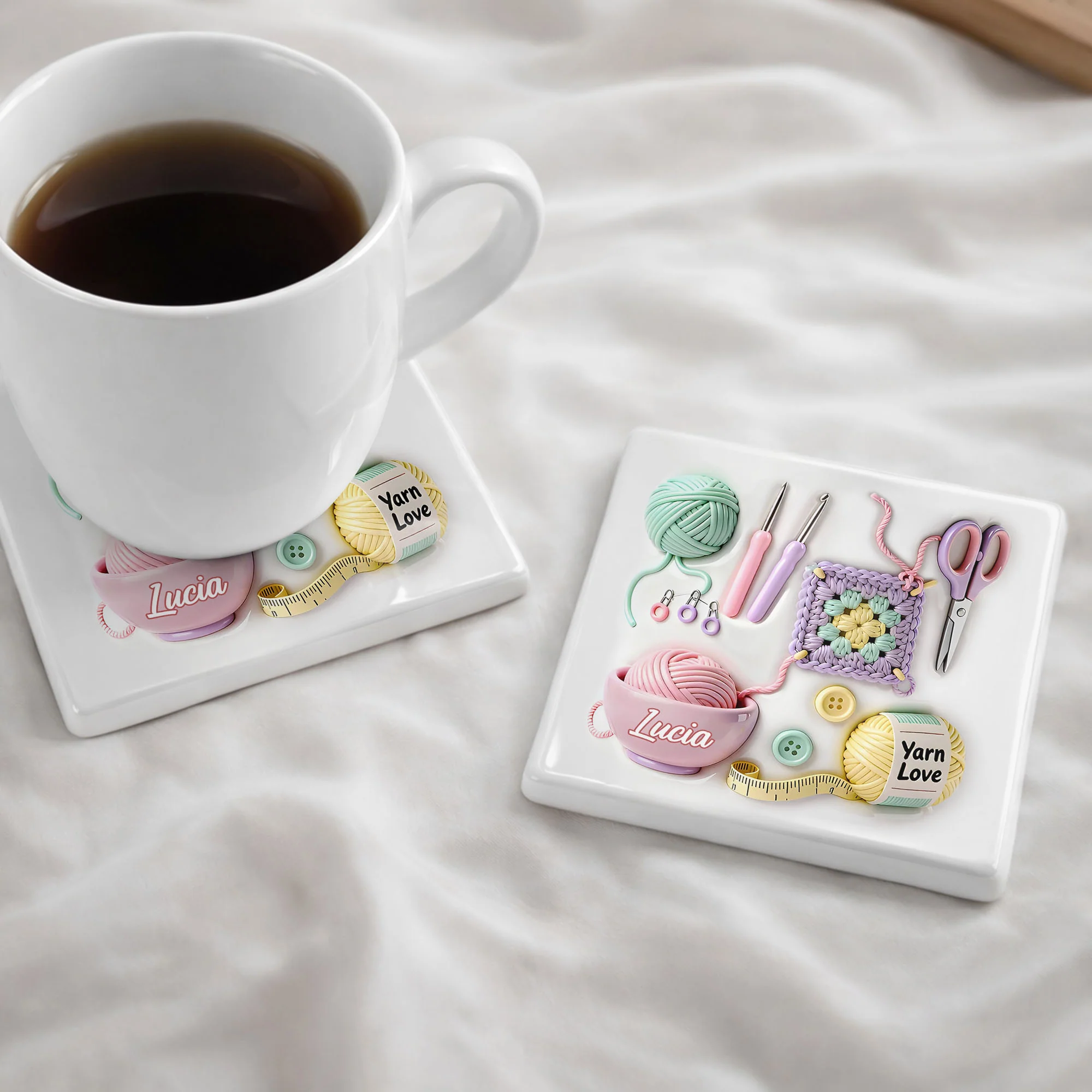 Yarn Love Personalization With Crochet Hooks And Yarn Balls Design - Personalized Custom Ceramic Coaster, Square Shape - HOB007_SOCO - Image 9