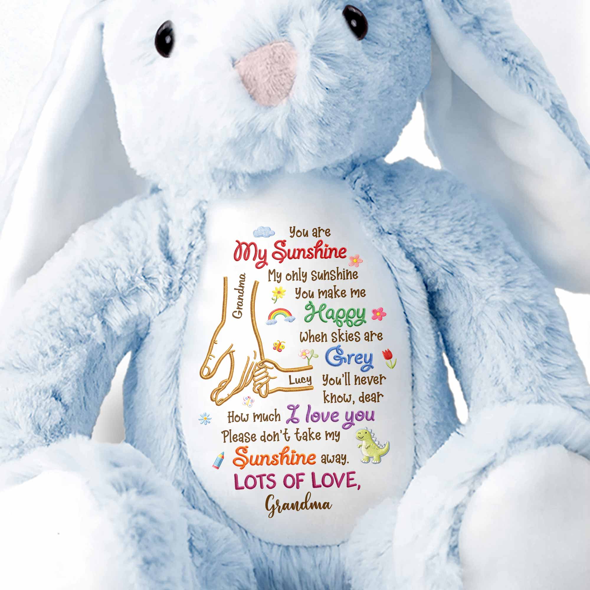 You Are My Sunshine Holding Hands Flowers And Dinosaur Personalized Plush - Personalized Stuffed Bunny - GRK122_BUN - Image 5