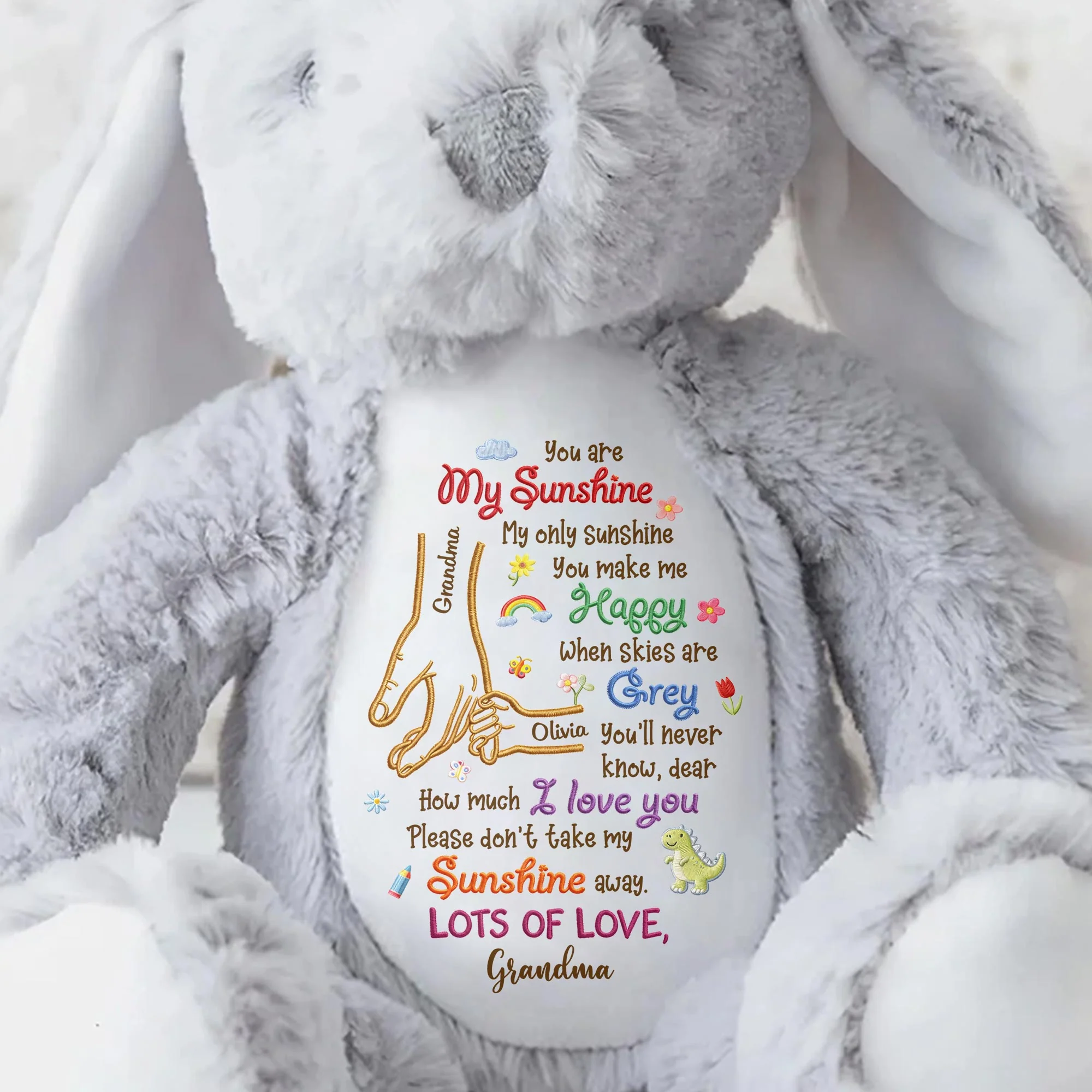 You Are My Sunshine Holding Hands Flowers And Dinosaur Personalized Plush - Personalized Stuffed Bunny - GRK122_BUN - Image 8