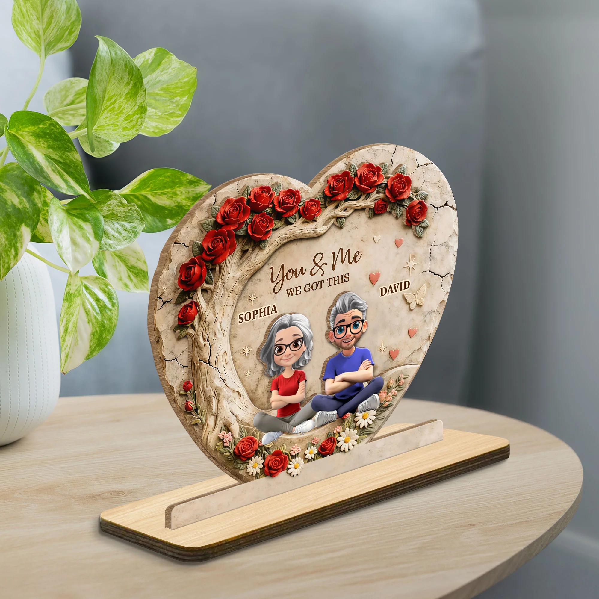 You & Me We Got This Heart Rose Tree Couple - Personalized Custom 2-Layer Wood Plaque With Flat Base - CPL1363_WPLA - Image 3